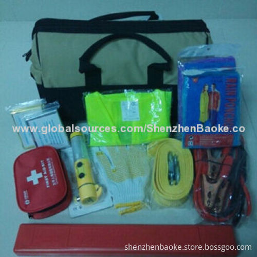 Winter emergency car kit with shovel, ice scraper, and jumper
